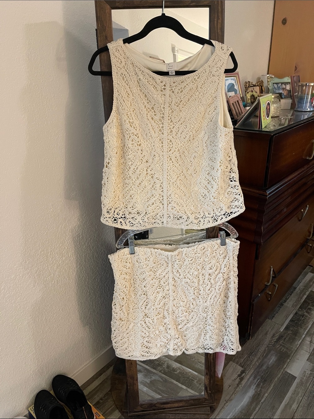 a new day Cream Crochet Lace Skirt Set - Sleeveless Top & Mini Skirt